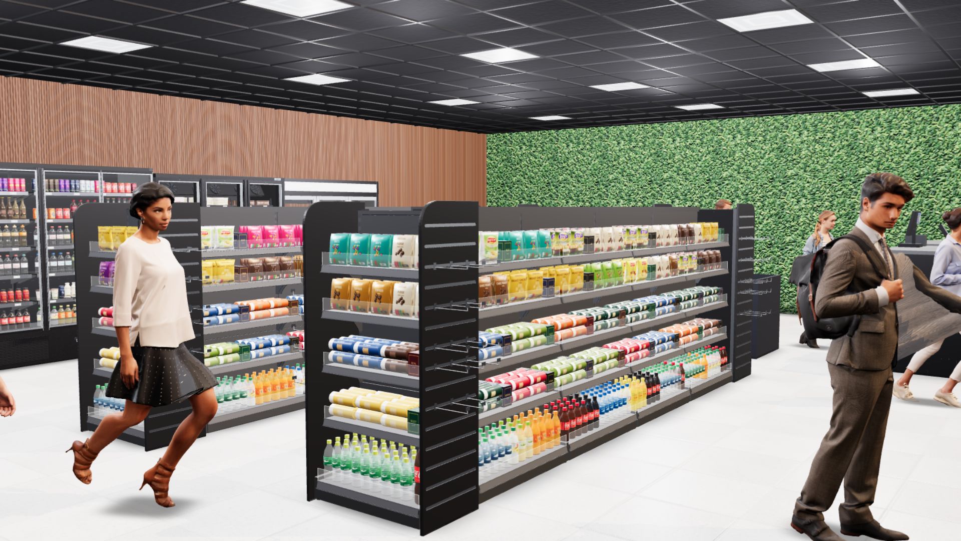A 3D walk-through of a convenience store designed in castleX designer: gondola bays stocked with products, chillers along the back wall and shoppers in the aisles