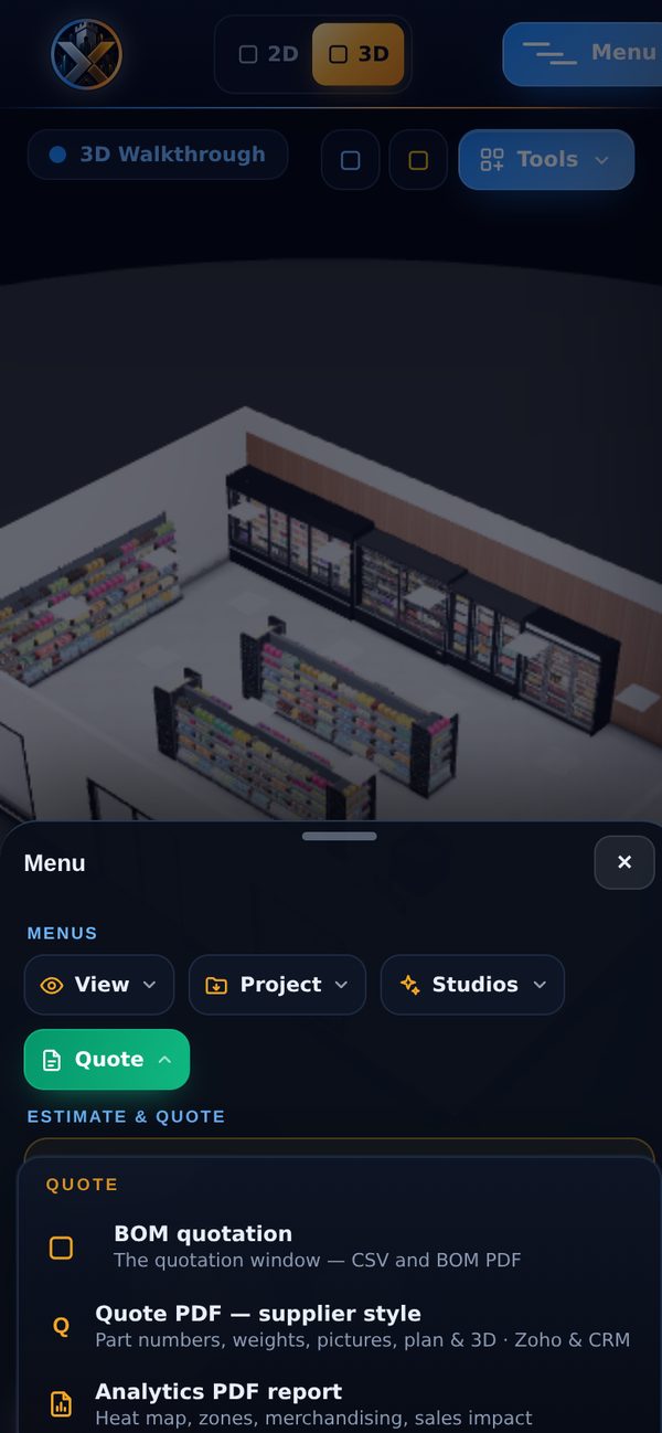 castleX designer on a phone: the 3D view with the menu sheet open